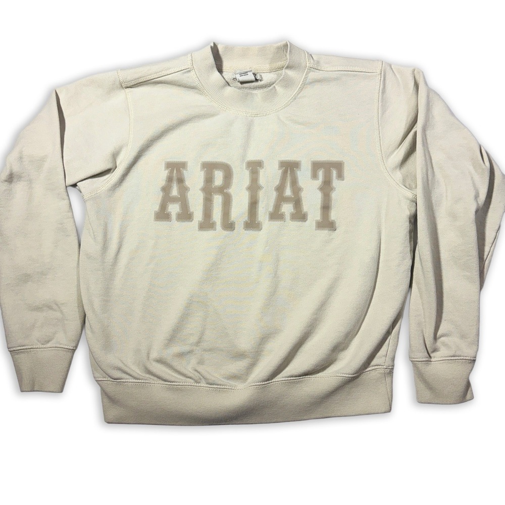 Ariat Womens Pullover Sweatshirt Embroidered Logo Crew Neck Cream Oatmeal Size S